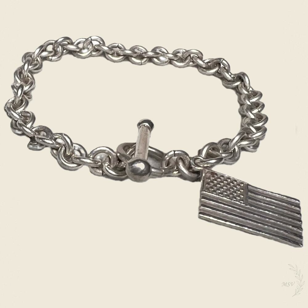 Sterling Silver 9/11 Flag Charm Bracelet 925 Toggle